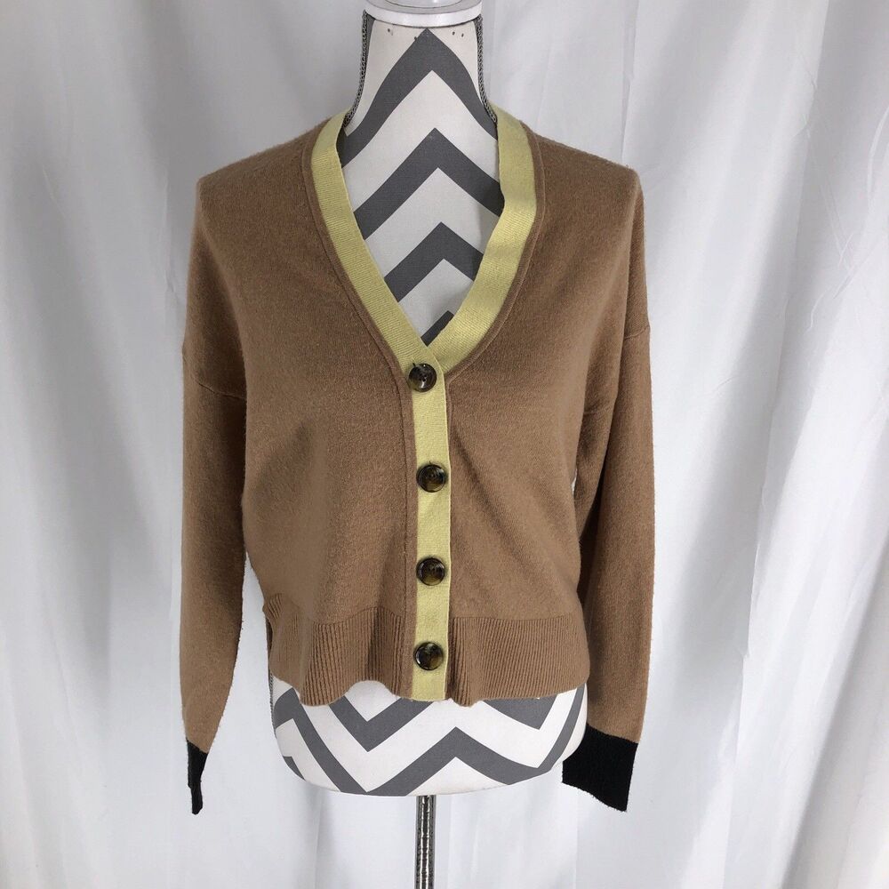 Ann Taylor Tan And Yellow Button Front V-Neck Cardigan Sweater Small